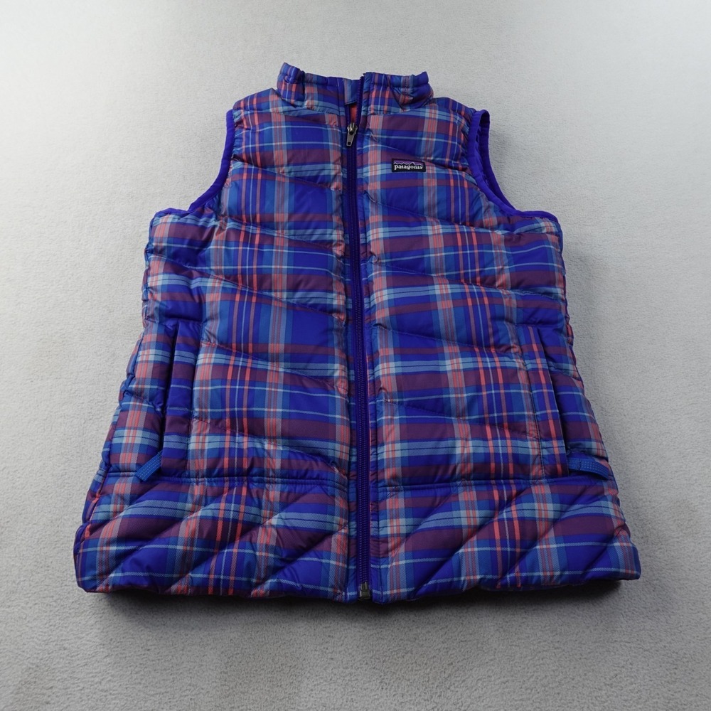 Patagonia Girls M 10 Down Vest Plaid Blue Purple Goose Down Puffer 68275